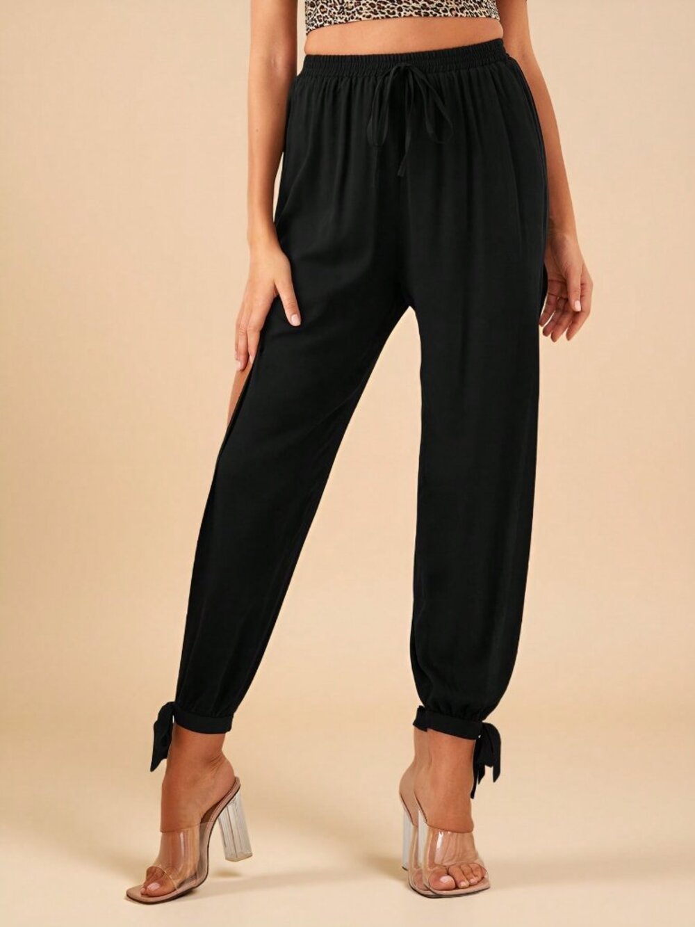 Black Sexy Women's Split-Thigh Knot-Hem Detail Pants - Picture 3 of 4